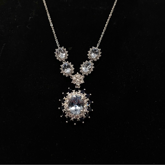 NEW Blue Sapphire&White Sapphire Statement Pendant Necklace - Picture 2 of 4